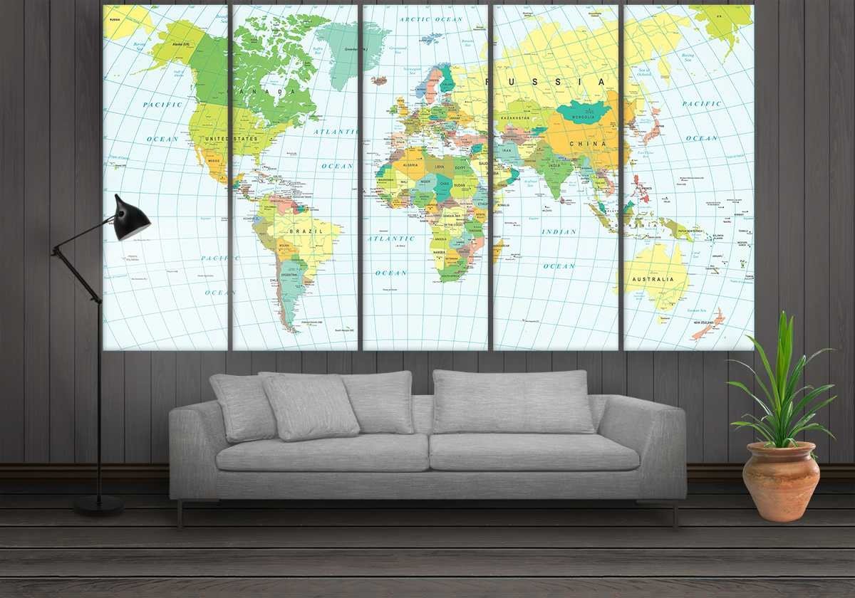 Blue Travel World Map - World Map 5 Panel Canvas Art Wall Decor Blue Travel World Map - World Map 5 Panel Canvas Art Wall Decor