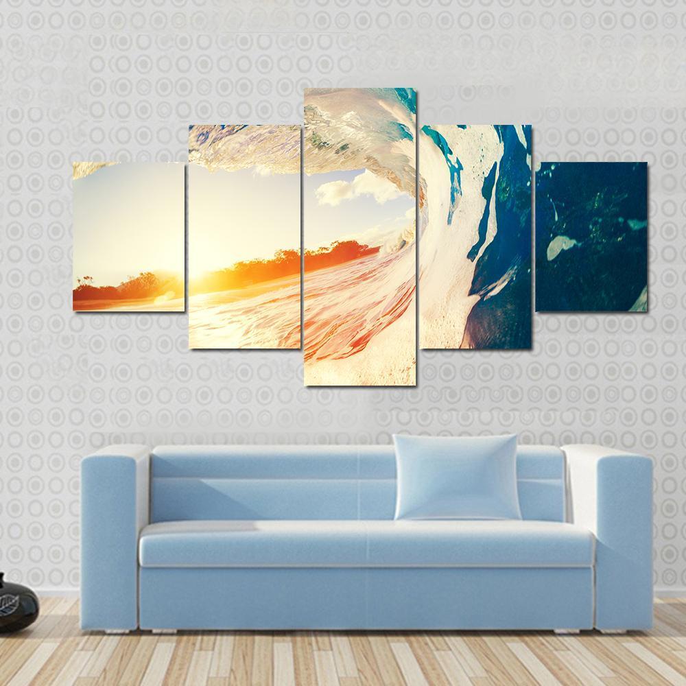 Blue Water Wave With White Bubbles - Nature 5 Panel Canvas Art Wall Decor Blue Water Wave With White Bubbles - Nature 5 Panel Canvas Art Wall Decor