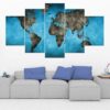 Blue World Map 4 - Abstract 5 Panel Canvas Art Wall Decor