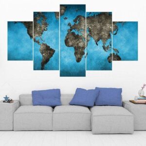 Blue World Map 4 - Abstract 5 Panel Canvas Art Wall Decor