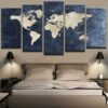 Blue World Map - Abstract 5 Panel Canvas Art Wall Decor