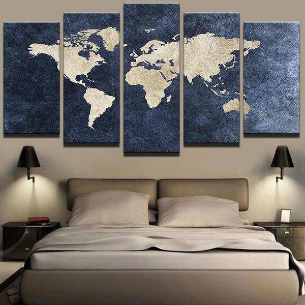 Blue World Map - Abstract 5 Panel Canvas Art Wall Decor Blue World Map - Abstract 5 Panel Canvas Art Wall Decor