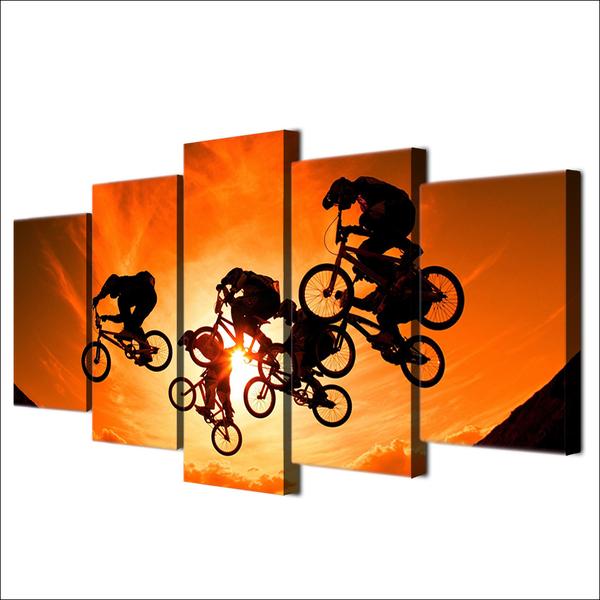 Bmx Bicycle Bike Motocross Jumping Sunset - Sport 5 Panel Canvas Art Wall Decor Bmx Bicycle Bike Motocross Jumping Sunset - Sport 5 Panel Canvas Art Wall Decor