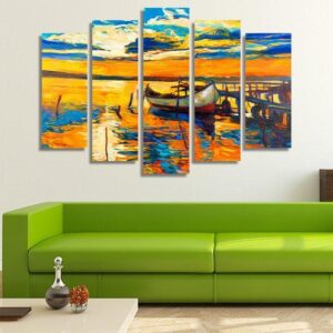 Boat And A Pier At Sunset - Nature 5 Panel Canvas Art Wall Decor