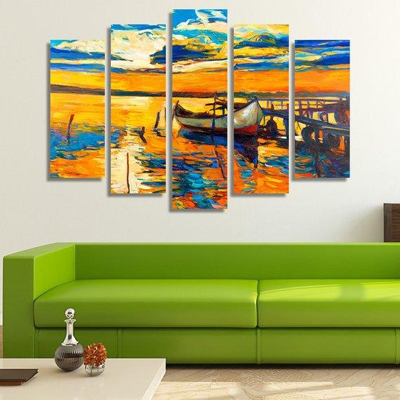 Boat And A Pier At Sunset - Nature 5 Panel Canvas Art Wall Decor Boat And A Pier At Sunset - Nature 5 Panel Canvas Art Wall Decor
