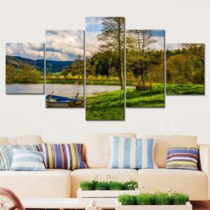 Boat And Lake - Nature 5 Panel Canvas Art Wall Decor