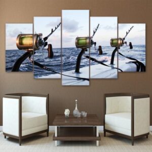 Boat Deep Sea Fishing Rods - Ocean 5 Panel Canvas Art Wall Decor