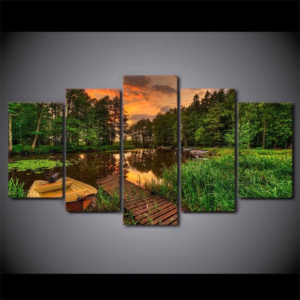 Boat Dock With Forest Sunset Tree Pond 01 - Nature 5 Panel Canvas Art Wall Decor Boat Dock With Forest Sunset Tree Pond 01 - Nature 5 Panel Canvas Art Wall Decor