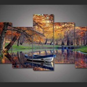 Boat In The Fall - Nature 5 Panel Canvas Art Wall Decor