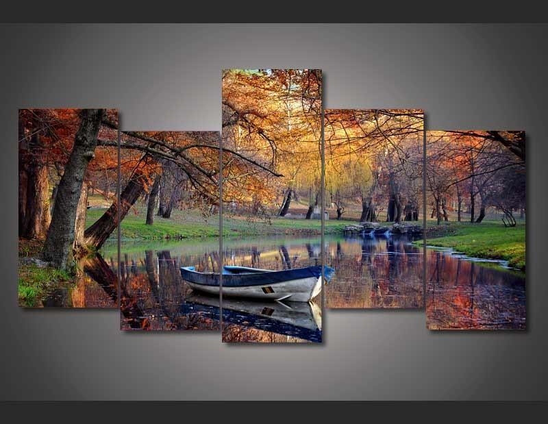 Boat In The Fall - Nature 5 Panel Canvas Art Wall Decor Boat In The Fall - Nature 5 Panel Canvas Art Wall Decor