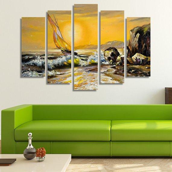 Boat In The Sea - Abstract 5 Panel Canvas Art Wall Decor Boat In The Sea - Abstract 5 Panel Canvas Art Wall Decor