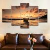 Boat On The Beach At Sunset - Nature 5 Panel Canvas Art Wall Decor