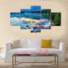 Boat With Rocky Mountains At Edith Lake - Nature 5 Panel Canvas Art Wall Decor