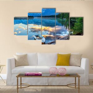 Boat With Rocky Mountains At Edith Lake - Nature 5 Panel Canvas Art Wall Decor