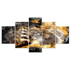 Boat in Sea Storm - Abstract 5 Panel Canvas Art Wall Decor