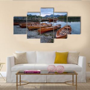 Boats On The Shore Of Derwent Water - Nature 5 Panel Canvas Art Wall Decor
