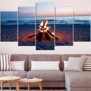 Bonfire On The Beach At Sunset Firewood - Nature 5 Panel Canvas Art Wall Decor
