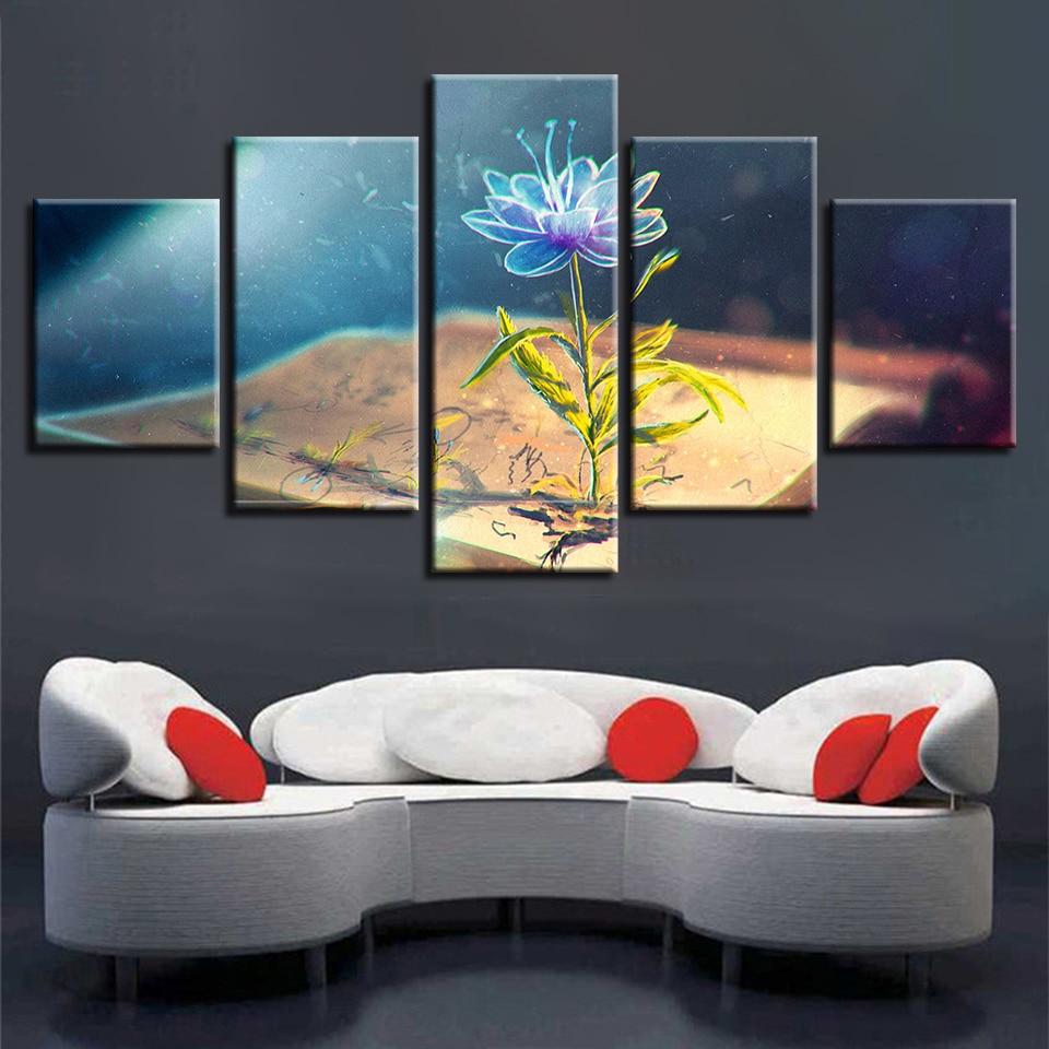 Book And Blue Flowers - Abstract 5 Panel Canvas Art Wall Decor Book And Blue Flowers - Abstract 5 Panel Canvas Art Wall Decor