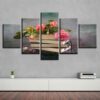 Books And Pink Flower - Abstract 5 Panel Canvas Art Wall Decor