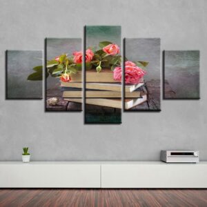 Books And Pink Flower - Abstract 5 Panel Canvas Art Wall Decor