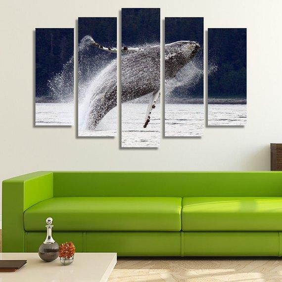 Breaching Leaping Alaskan Humpback Whale - Animal 5 Panel Canvas Art Wall Decor Breaching Leaping Alaskan Humpback Whale - Animal 5 Panel Canvas Art Wall Decor