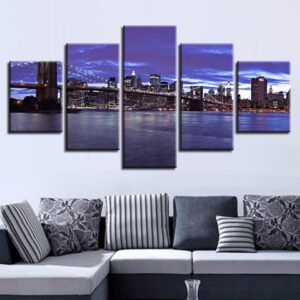 Bridge Building Night 9 - Nature 5 Panel Canvas Art Wall Decor