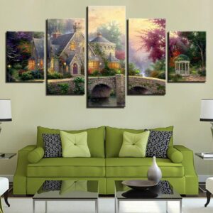 Bridge Classic Cottage Landscape - Nature 5 Panel Canvas Art Wall Decor