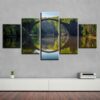 Bridge Forest River And Flower Retro - Nature 5 Panel Canvas Art Wall Decor