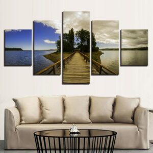 Bridge Green Trees Blue Sky And Sea - Nature 5 Panel Canvas Art Wall Decor