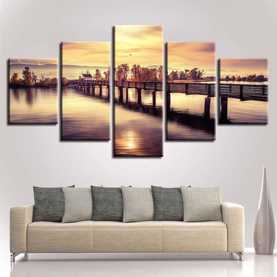 Bridge Lake Sunset Dusk - Nature 5 Panel Canvas Art Wall Decor Bridge Lake Sunset Dusk - Nature 5 Panel Canvas Art Wall Decor
