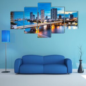 Bridge Over Chao Phraya River In Bangkok - Nature 5 Panel Canvas Art Wall Decor