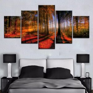 Bright Morning Autumn Tree Forest - Nature 5 Panel Canvas Art Wall Decor