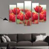 Bright Red Tulips Field - Nature 5 Panel Canvas Art Wall Decor