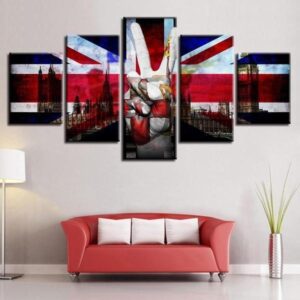 British Flag And Victory Sign Building - Abstract 5 Panel Canvas Art Wall Decor