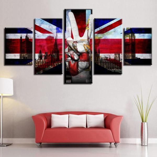 British Flag And Victory Sign Building - Abstract 5 Panel Canvas Art Wall Decor British Flag And Victory Sign Building - Abstract 5 Panel Canvas Art Wall Decor