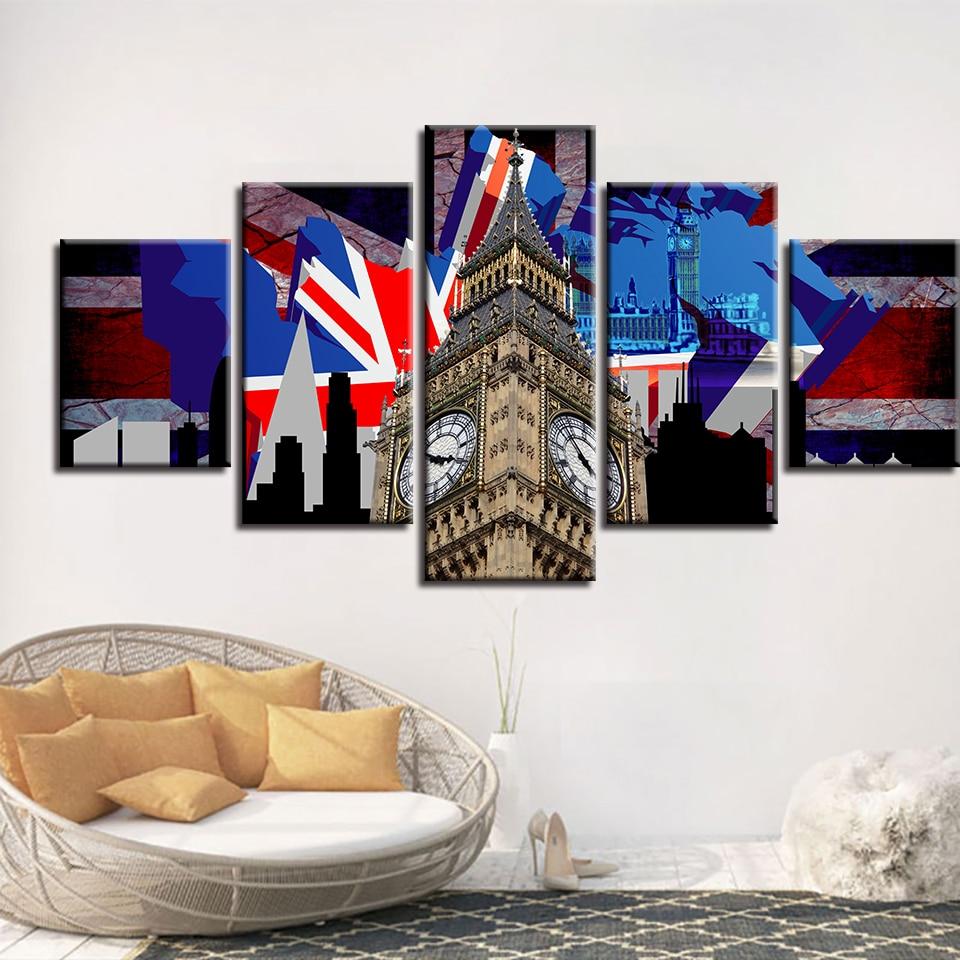 British Flag Big Ben - Nature 5 Panel Canvas Art Wall Decor British Flag Big Ben - Nature 5 Panel Canvas Art Wall Decor