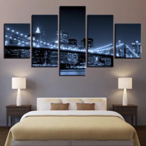 Brooklyn Bridge City Night View - Nature 5 Panel Canvas Art Wall Decor
