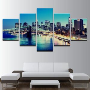 Brooklyn Bridge City Night - Nature 5 Panel Canvas Art Wall Decor