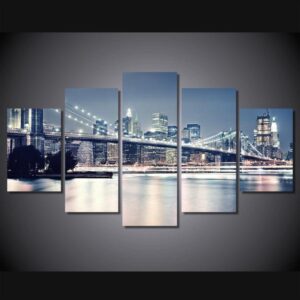 Brooklyn Bridge New York At Night - Nature 5 Panel Canvas Art Wall Decor