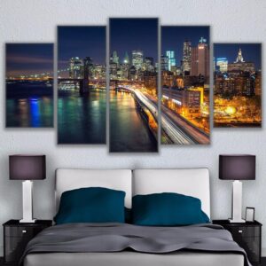 Brooklyn Bridge Waterfront City Nightscape - Nature 5 Panel Canvas Art Wall Decor