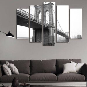 Brooklyn Bridge With Foggy New York City - Nature 5 Panel Canvas Art Wall Decor