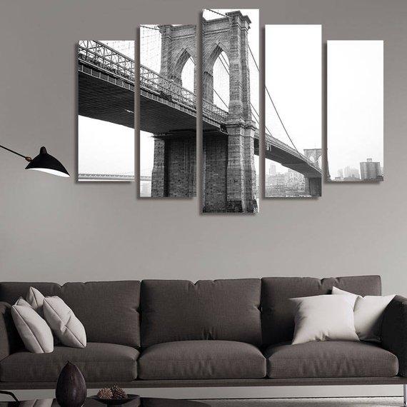 Brooklyn Bridge With Foggy New York City - Nature 5 Panel Canvas Art Wall Decor Brooklyn Bridge With Foggy New York City - Nature 5 Panel Canvas Art Wall Decor