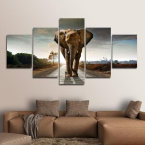 Brown African Elephant - Animal 5 Panel Canvas Art Wall Decor