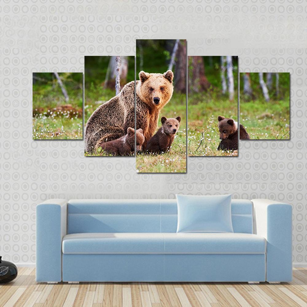 Brown Mother Bear Protecting Her Cubs Animal - 5 Panel Canvas Art Wall Decor Brown Mother Bear Protecting Her Cubs Animal - 5 Panel Canvas Art Wall Decor