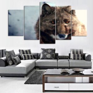 Brown Wolf And Eyes Red - Animal 5 Panel Canvas Art Wall Decor
