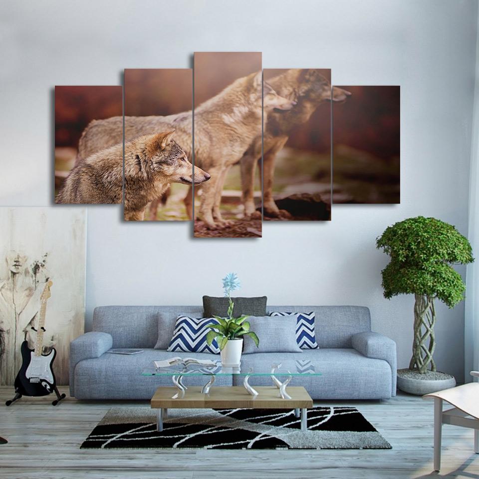 Brown Wolf Group - Animal 5 Panel Canvas Art Wall Decor Brown Wolf Group - Animal 5 Panel Canvas Art Wall Decor