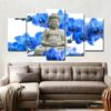 Buddha Blue Flowers - Religion 5 Panel Canvas Art Wall Decor