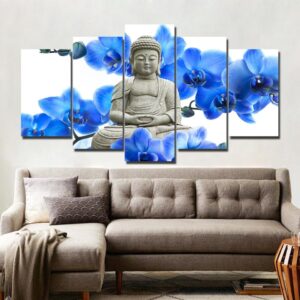 Buddha Blue Flowers - Religion 5 Panel Canvas Art Wall Decor