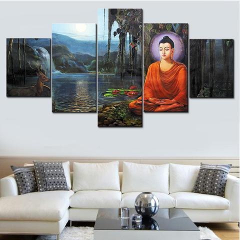 Buddha By The Lake - Religion 5 Panel Canvas Art Wall Decor Buddha By The Lake - Religion 5 Panel Canvas Art Wall Decor