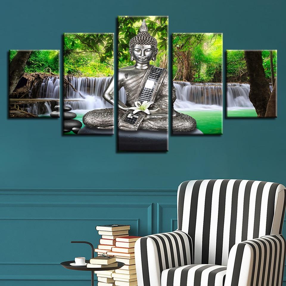 Buddha Meditation And Lilies Waterfall - Religion 5 Panel Canvas Art Wall Decor Buddha Meditation And Lilies Waterfall - Religion 5 Panel Canvas Art Wall Decor